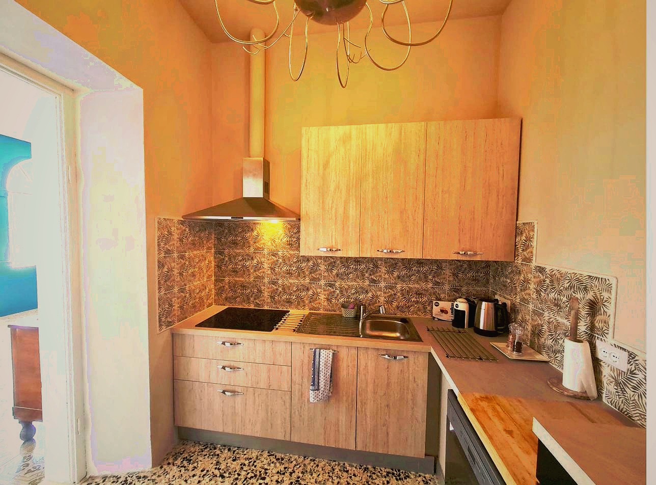 Fully equipped kitchen at Corte Averaldo vacation rental Portese Lake Garda — induction hob, extractor hood, dishwasher, espresso machine, wood effect cabinets, botanical backsplash tiles, San Felice del Benaco Italy